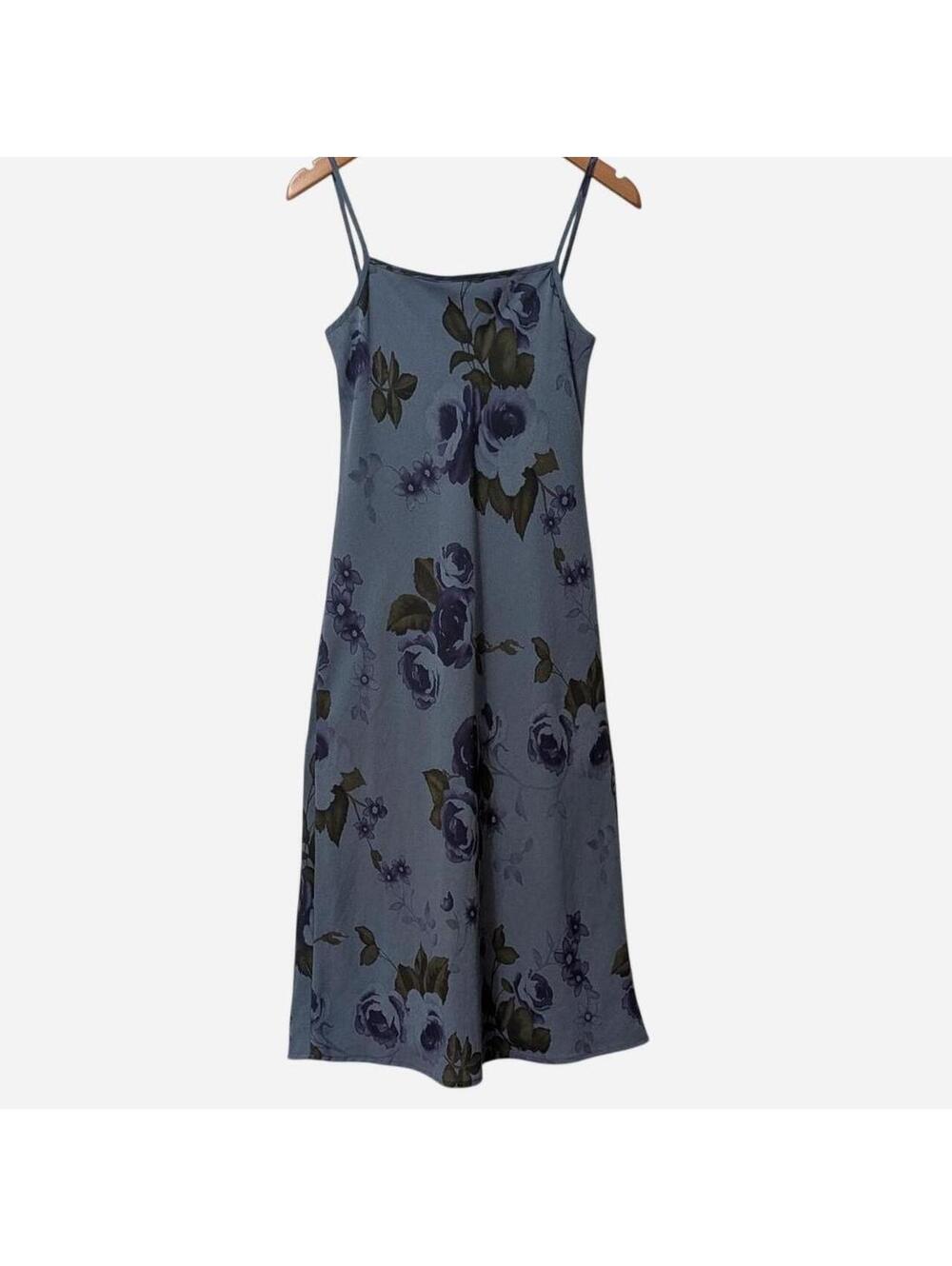 90s Jalate Dusty Blue Dark Floral Slip Midi Dress